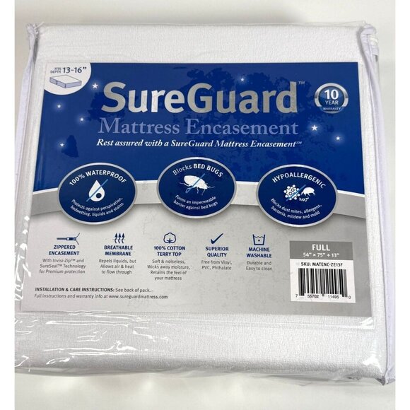 SureGuard Mattress Zippered Encasement Full Size 13-16" Deep Hypoallgergenic - Picture 1 of 8